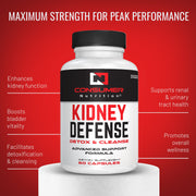 Kidney Support Supplement - Kidney Defense Kidney Detox & Cleanse - With Cranberry Extract, Astragalus Root, & More for Urinary Tract, Kidney and Bladder Support by Consumer Nutrition - 60 Capsules