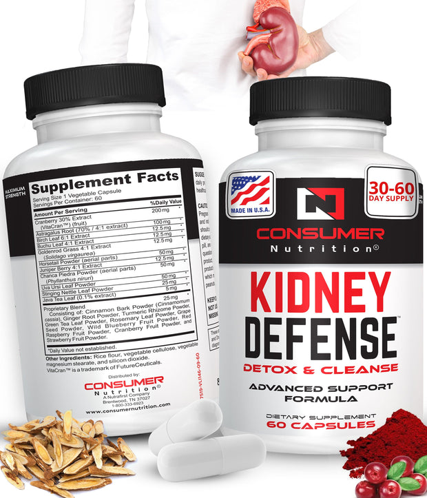 Kidney Support Supplement - Kidney Defense Kidney Detox & Cleanse - With Cranberry Extract, Astragalus Root, & More for Urinary Tract, Kidney and Bladder Support by Consumer Nutrition - 60 Capsules