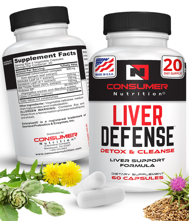 Liver Defense Herbal Liver Detox Cleanse with Solarplast, Artichoke Extract, Milk Thistle & Dandelion Extract, for Liver Cleanse & Detox by Consumer Nutrition - 60 Capsules