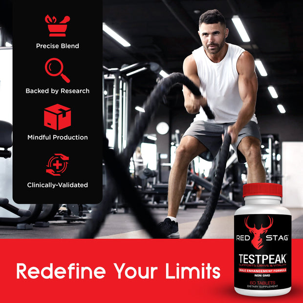 RED STAG® TESTPEAK Male Enhancement Formula Enhances Drive and Libido Male Virility & Male Performance for Men with Tongkat Ali & Maca Root Powder for Low T - Men’s Health Supplement Stamina Supplement for Men