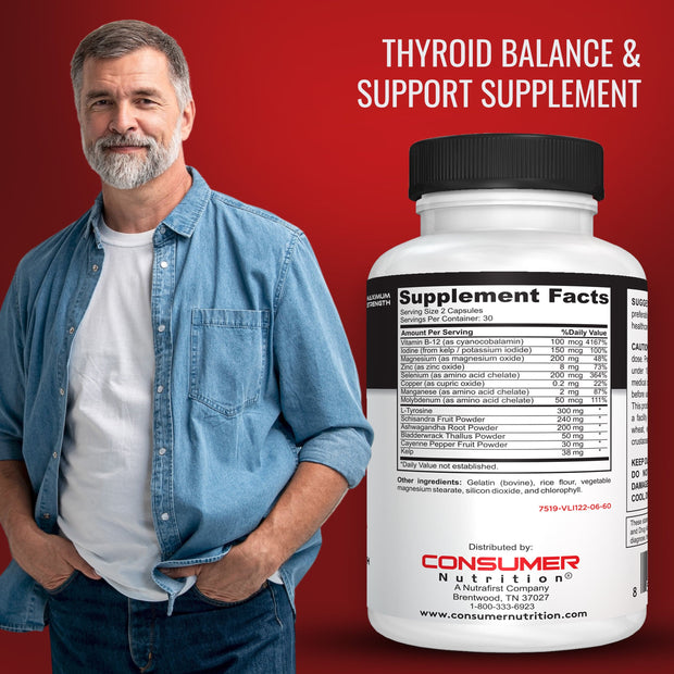 Thyroid Support Supplement with Iodine Energy & Focus Support Formula - Vegetarian & Non-GMO - Vitamin B12 Complex, Zinc, Selenium, Ashwagandha, & Kelp Thyroid Defense by Consumer Nutrition