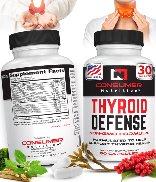 Thyroid Support Supplement with Iodine Energy & Focus Support Formula - Vegetarian & Non-GMO - Vitamin B12 Complex, Zinc, Selenium, Ashwagandha, & Kelp Thyroid Defense by Consumer Nutrition