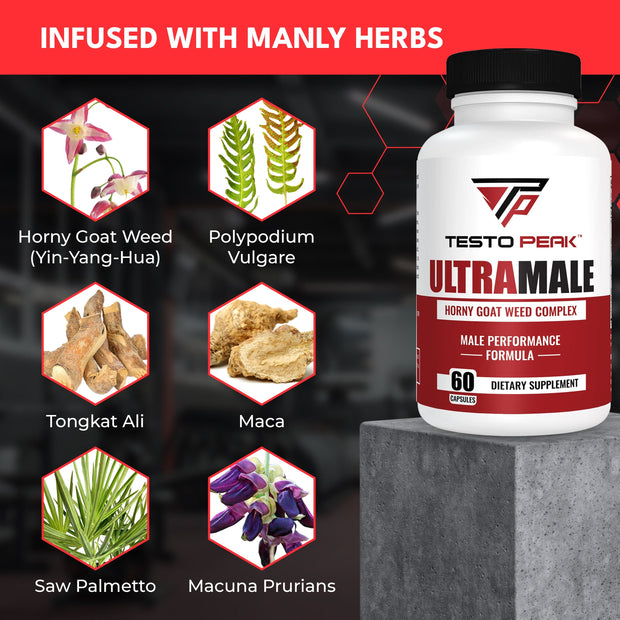 ULTRAMALE Horny Goat Weed Herbal Supplement with Tongkat Ali, Maca, Panax Ginseng & Saw Palmetto for Men for Total Strength Performance - Stamina Supplement for Men by Testo Peak, 60 Capsules