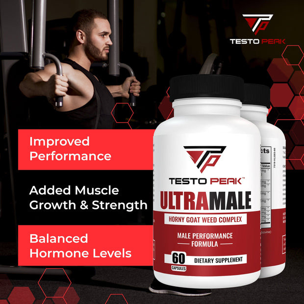 ULTRAMALE Horny Goat Weed Herbal Supplement with Tongkat Ali, Maca, Panax Ginseng & Saw Palmetto for Men for Total Strength Performance - Stamina Supplement for Men by Testo Peak, 60 Capsules
